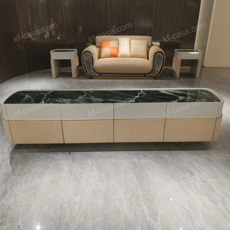 Curved Green Marble TV Stand with Cream Fluted Panels and Gold Metal Legs